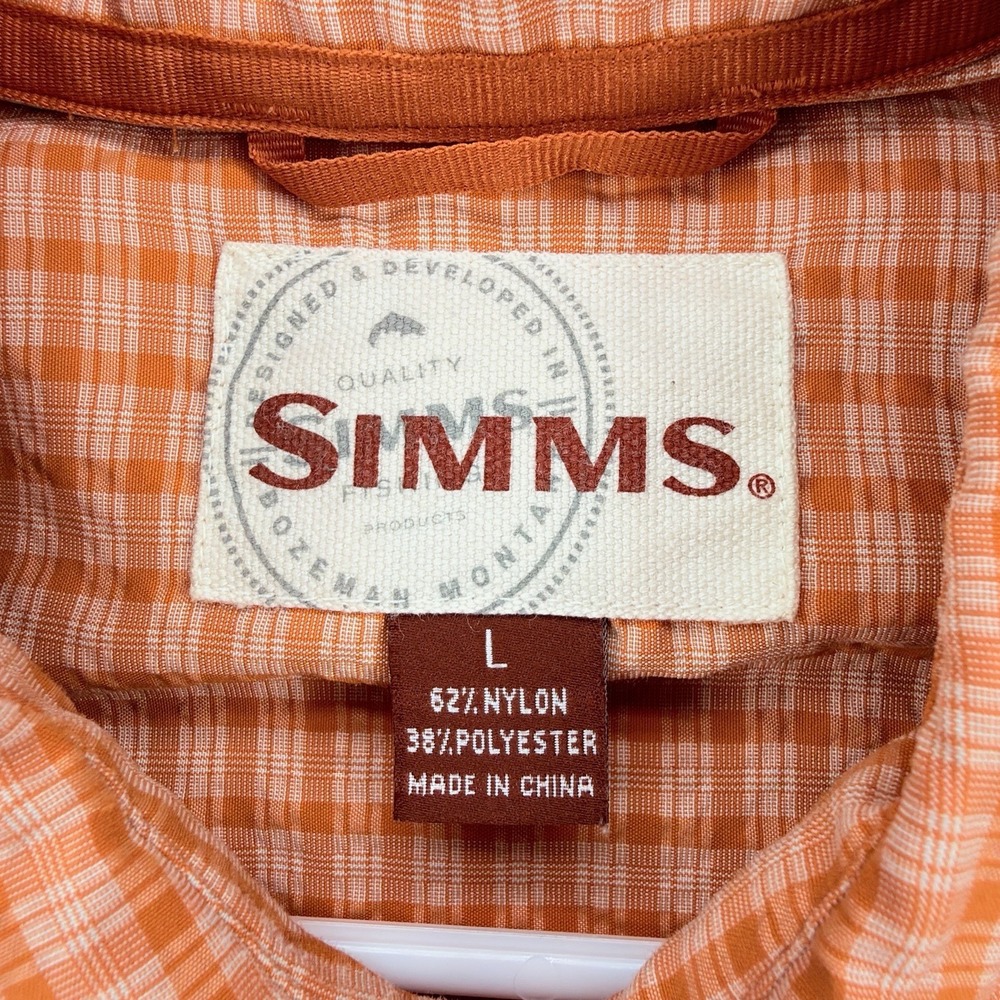 Simms Fishing Shirt Mens Large Orange Plaid Seersucker Long Sleeve Nylon Outdoor - Picture 7 of 10